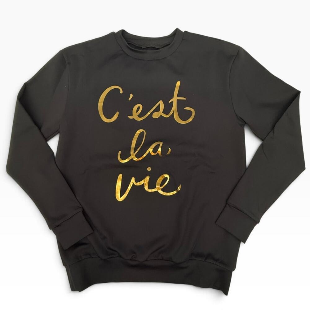 Ultracor C'est La Vie Gold Foil Black Crewneck Sweatshirt Lined Women's XS NWOT